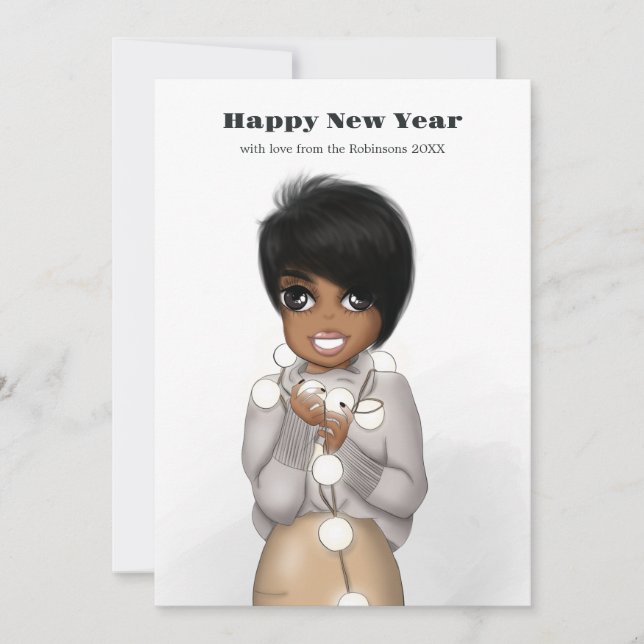 Cartes Pour Fêtes Annuelles Jolie femme afro-américaine aux lumières de Noël (Devant)