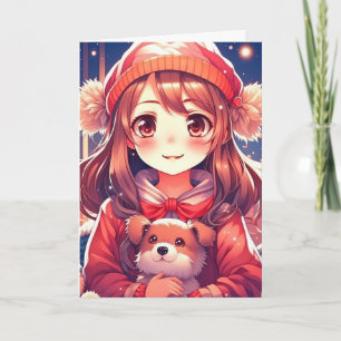 Cartes Pour Fêtes Annuelles Jolie fille Anime avec chiot et bouffées d'oreille