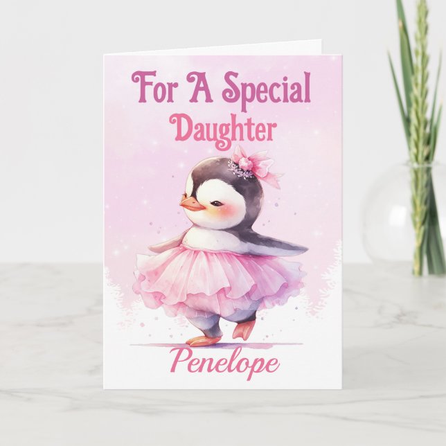 Cartes Pour Fêtes Annuelles Jolie fille de Noël Pingouin rose Ballerina (Devant)