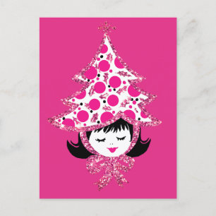 Cartes Pour Fêtes Annuelles Jolie fille de Noël rose rétro avec un chapeau d'a