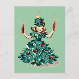 Cartes Pour Fêtes Annuelles Jolie fille en sapin de Noël rétro vintage