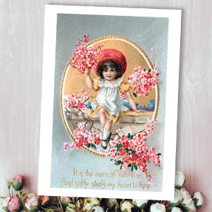 Cartes Pour Fêtes Annuelles Jolie fille Vintage aux fleurs roses de Saint-Vale