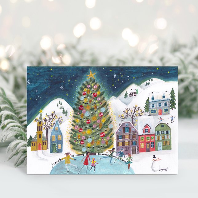 Cartes Pour Fêtes Annuelles Jolie maison d'hiver Village Scène Noël (Cute Winter House Village Scene Christmas)