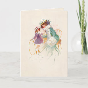 Cartes Pour Fêtes Annuelles Jolie mère victorienne à Ermine avec fille