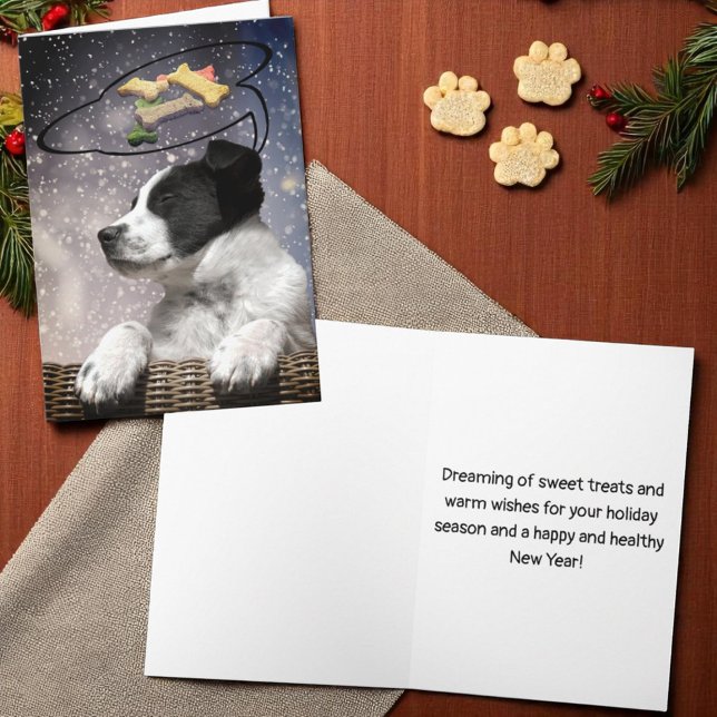 Cartes Pour Fêtes Annuelles Jolie Noir Blanc Chiot Dreams Chien Traite Personn (cover and inside template Christmas card)