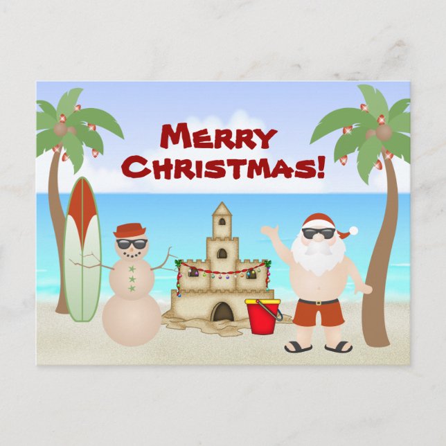 Cartes Pour Fêtes Annuelles Jolie Père Noël à la plage Noël tropical (Devant)