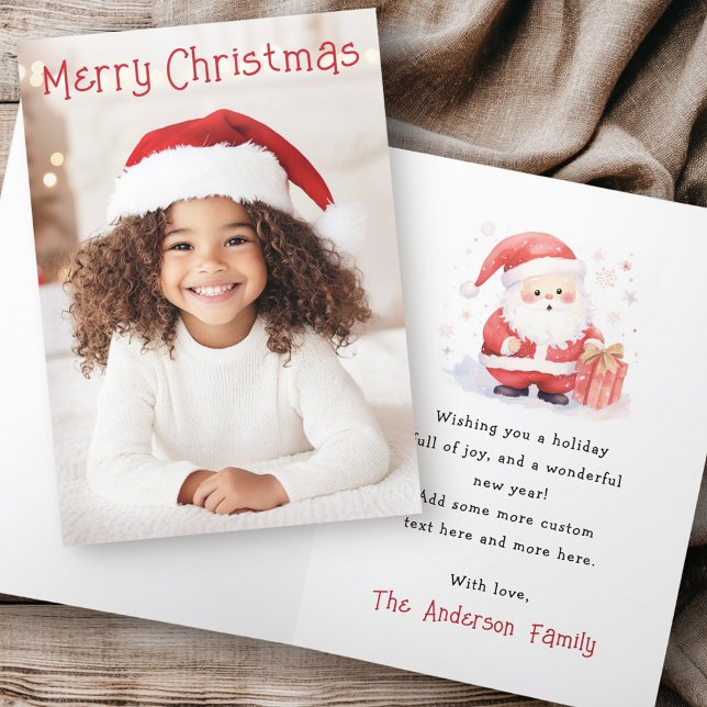Cartes Pour Fêtes Annuelles Jolie Père Noël aquarelle Joyeux Noël photo pliée (Cute Santa watercolor Merry Christmas photo folded Holiday Card)