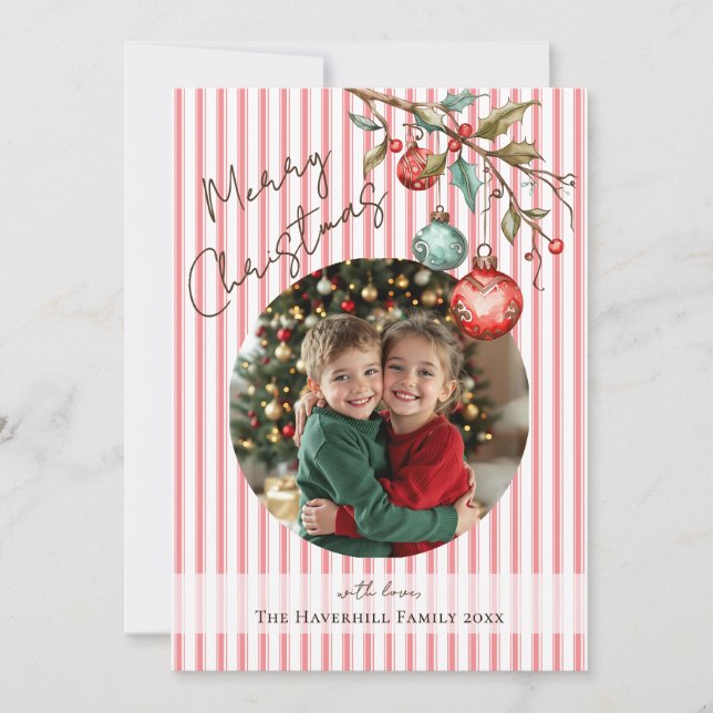 Cartes Pour Fêtes Annuelles Jolie photo rose rayures Aquarelle Joyeux Noël (Devant)