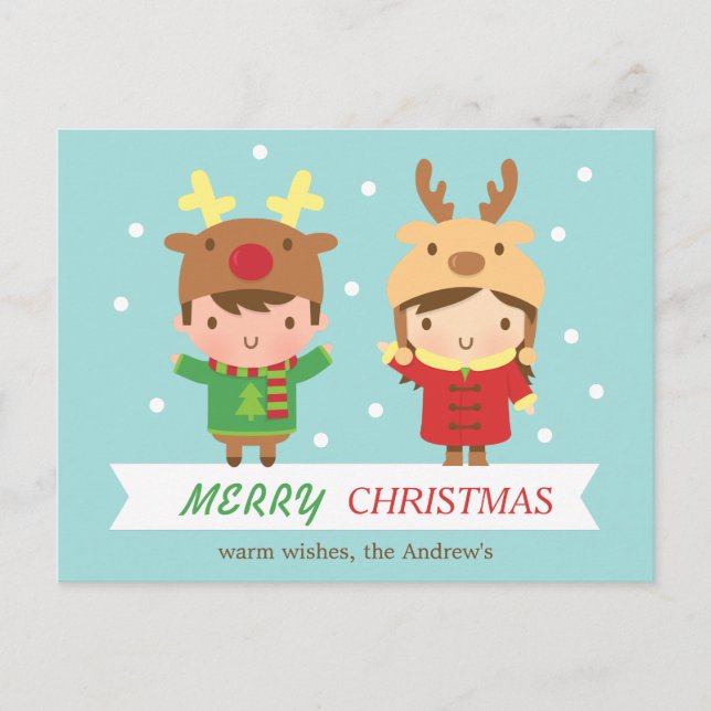 Cartes Pour Fêtes Annuelles Jolie Reindeer Kids Joyeux Noël Salutation (Devant)