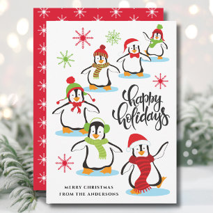 Cartes Pour Fêtes Annuelles Jolie Rétro Joyeux Vacances Pingouins Rouge