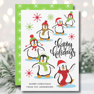 Cartes Pour Fêtes Annuelles Jolie Rétro Joyeux Vacances Pingouins Vert