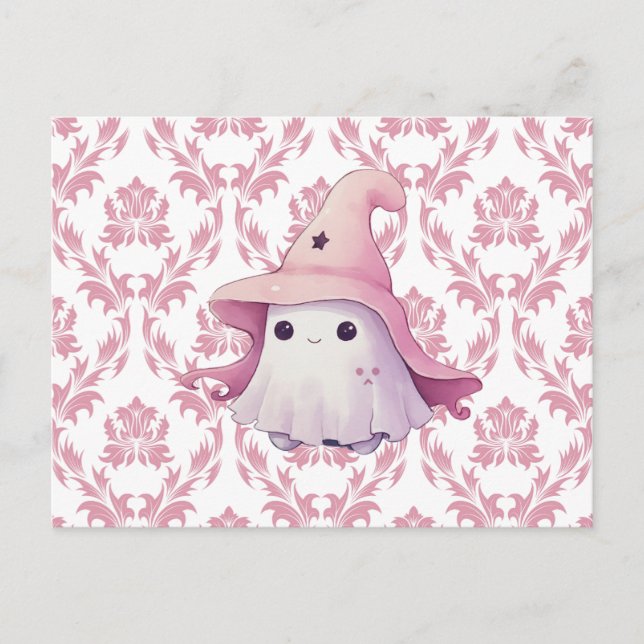 Cartes Pour Fêtes Annuelles Jolie sorcière rose Fantôme Casquette rose & blanc (Devant)