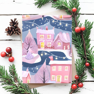 Cartes Pour Fêtes Annuelles Jolie ville de Noël rose | Aquarelle fille