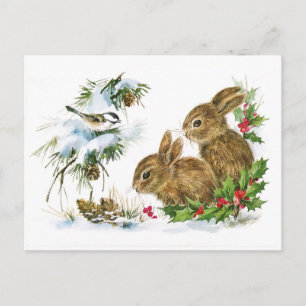 Cartes Pour Fêtes Annuelles Jolis Lapins Vintage Scène de Noël