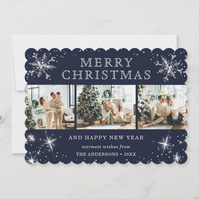 Cartes Pour Fêtes Annuelles Jolly Blue Silver Sparkly Snowflake Photo Collage (Devant)