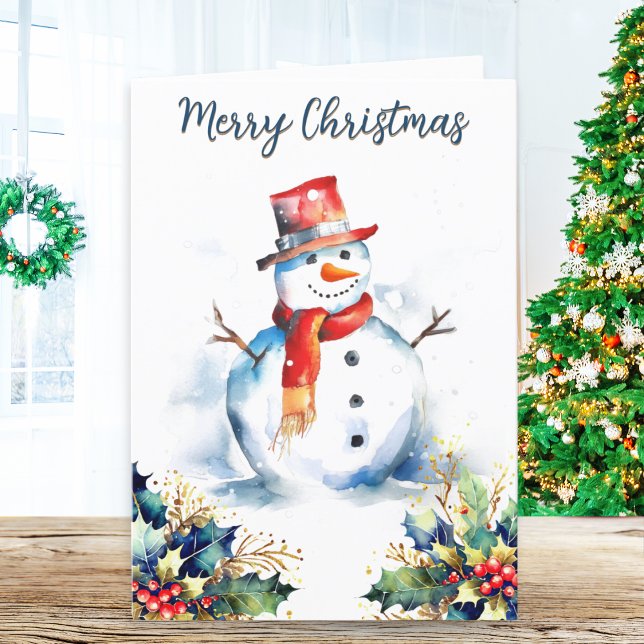 Cartes Pour Fêtes Annuelles Jolly Snowman Winter Snow Holly Joyeux Noël (A festive Christmas card with snowman and holly picture and Merry Christmas greeting)
