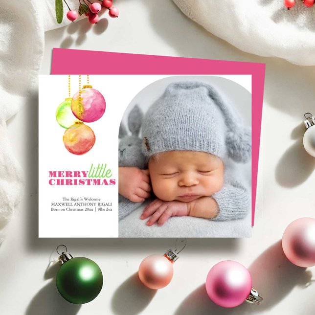 Cartes Pour Fêtes Annuelles Jory Little Christmas Photo Annonces de naissance (Christmas birth announcements  with photo features watercolor bauble art by Victoria Grigaliunas)