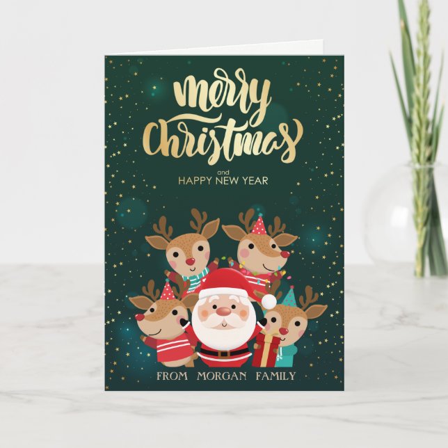 Cartes Pour Fêtes Annuelles Jote Deers, Santa Claus Green Holiday (Devant)