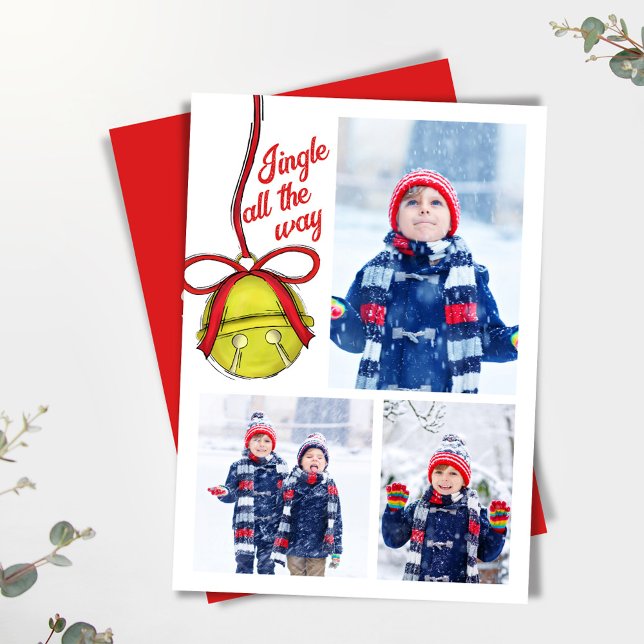 Cartes Pour Fêtes Annuelles Jote Gold Jingle Bell Photo Collage Noël (Christmas "Jingle all the way" three photo collage greeting card.)