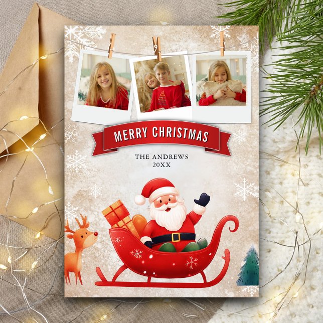 Cartes Pour Fêtes Annuelles Jote Red Sleigh Santa Claus Photo Noël (Créateur téléchargé)