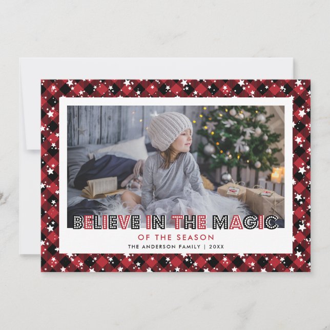 Cartes Pour Fêtes Annuelles Jote Rouge Plaid Stars Photo Neige (Devant)