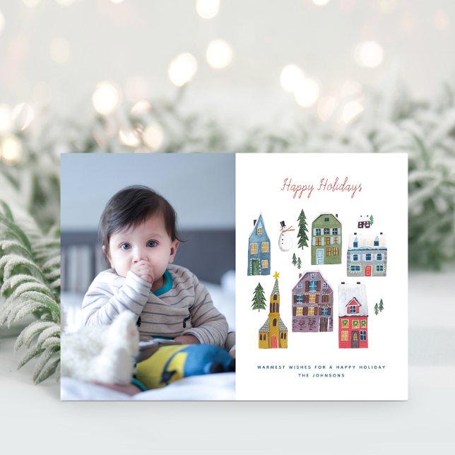 Cartes Pour Fêtes Annuelles Jote Winter House Village Scène Photo Noël (Cute Winter House Village Scene Photo Christmas Holiday Card)