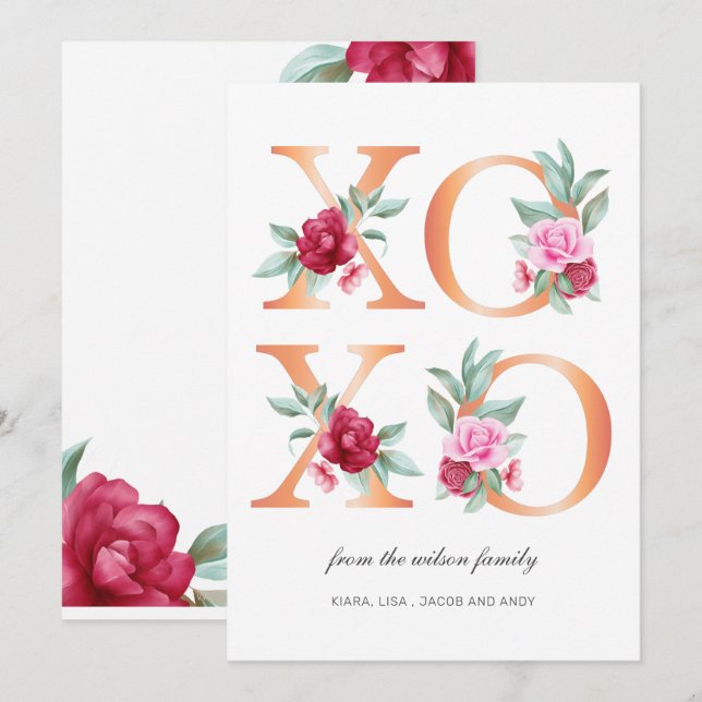 Cartes Pour Fêtes Annuelles Jour des Valentines florales XOXO (Devant / Derrière)