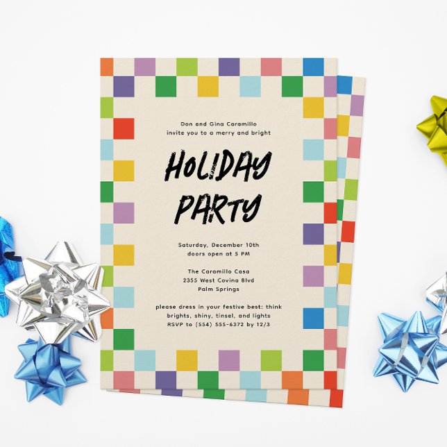 Cartes Pour Fêtes Annuelles Jour férié en damier coloré clair (happy holiday party invitation with a border of rainbow color checkerboard squares and custom text)