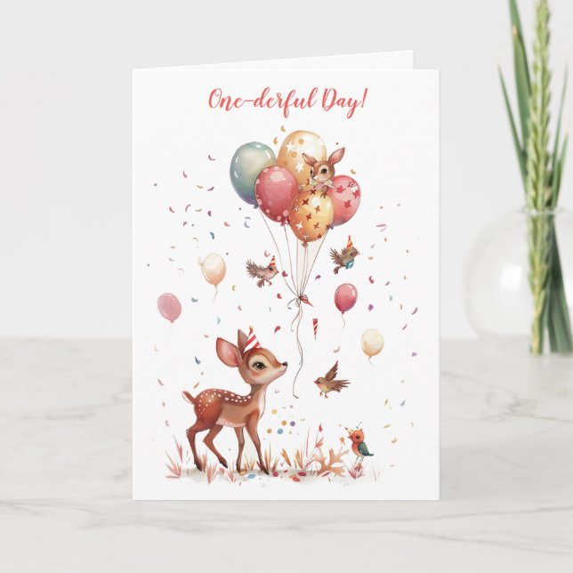 Cartes Pour Fêtes Annuelles Journée unique Animaux de bois 1er Anniversaire Ca (Devant)