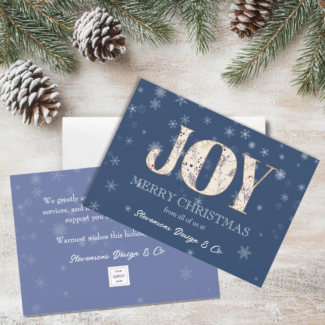 Cartes Pour Fêtes Annuelles Joy Blue Business Holiday Card avec logo (Créateur téléchargé)