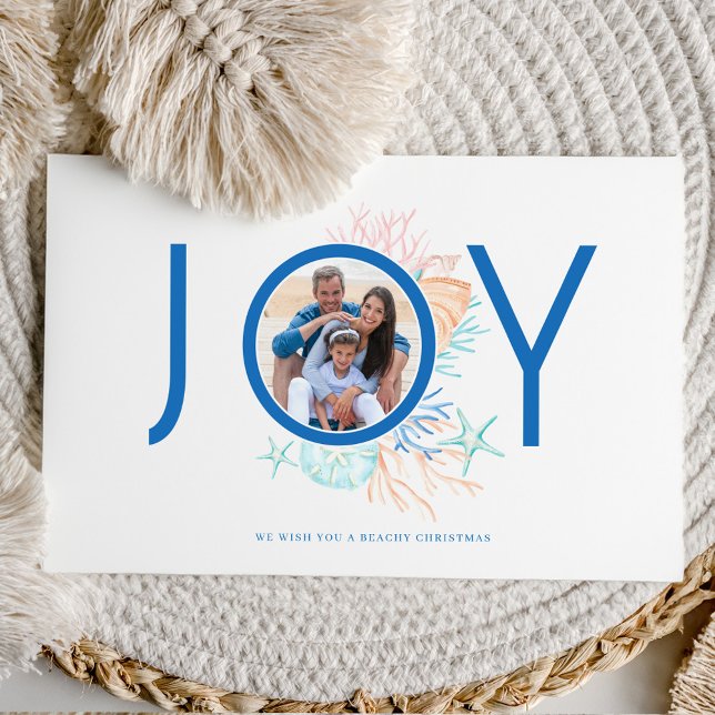 Cartes Pour Fêtes Annuelles Joy Blue Coastal Christmas Beach Seashell Photo (Joy Blue Coastal Christmas Beach Seashell Photo Holiday Card)