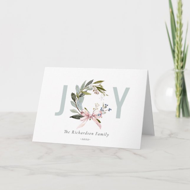 Cartes Pour Fêtes Annuelles Joy Blush Blue Green hiver Wreath de Noël (Devant)