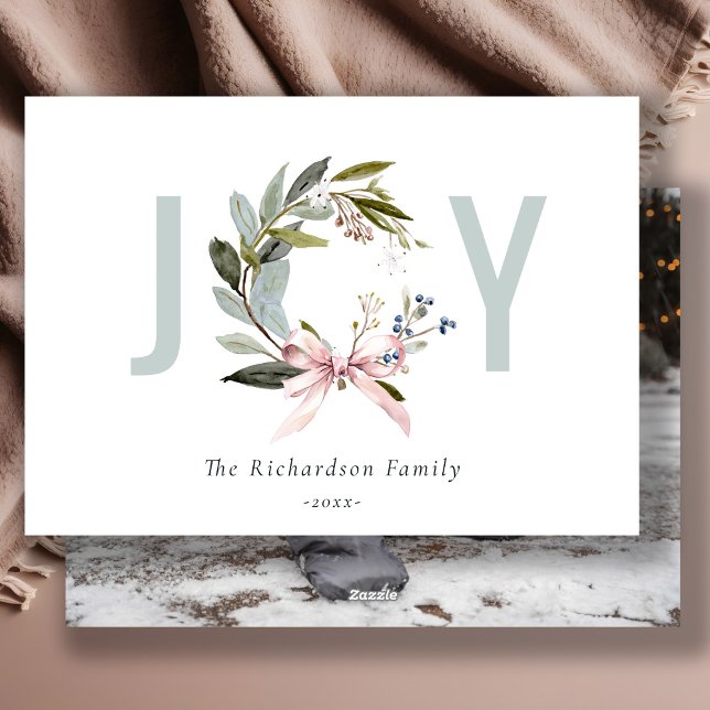 Cartes Pour Fêtes Annuelles Joy Blush Green Winter Christmas Wreath Photo (Créateur téléchargé)