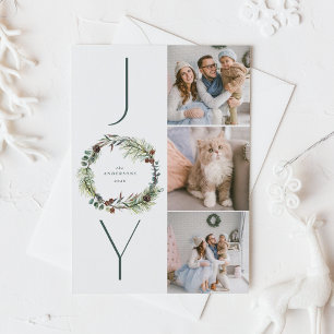 Cartes Pour Fêtes Annuelles JOY Botanical Pine Wreath Photo Collage Noël
