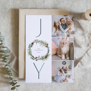 Cartes Pour Fêtes Annuelles JOY Botanical Pine Wreath Photo Collage Noël