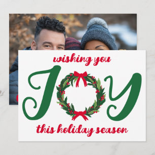 Cartes Pour Fêtes Annuelles JOY Christmas Wreath Hand-Drawn CUSTOM PHOTO