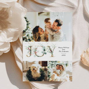 Cartes Pour Fêtes Annuelles JOY Elegant 3 Photo Gold Greenery Berries
