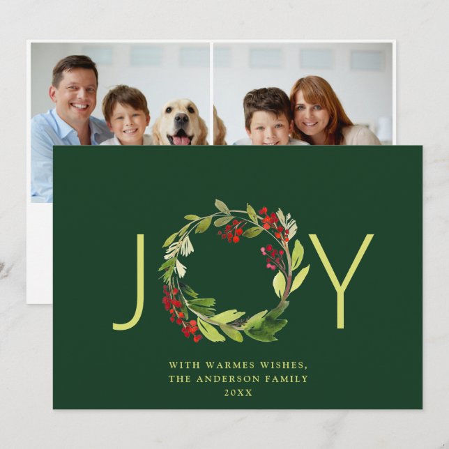 Cartes Pour Fêtes Annuelles JOY Festive Holly Berry Wreath Noël 2 Photo (Devant / Derrière)