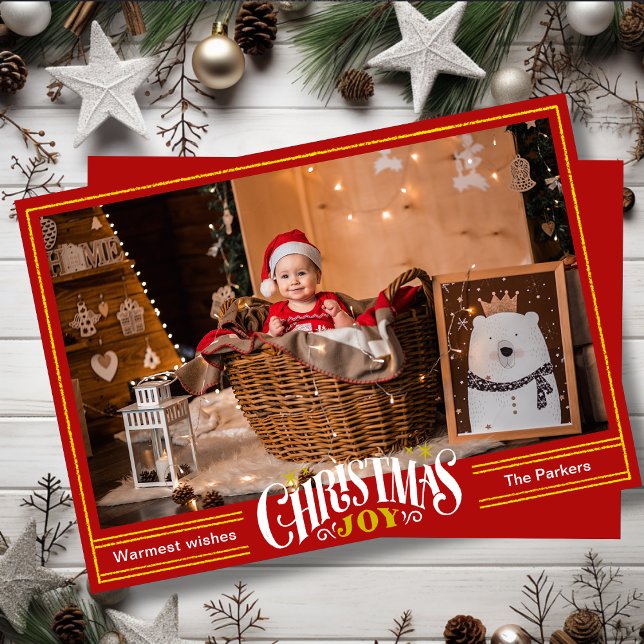 Cartes Pour Fêtes Annuelles JOY Festive Red Gold Script Simple Photo Noël (Créateur téléchargé)