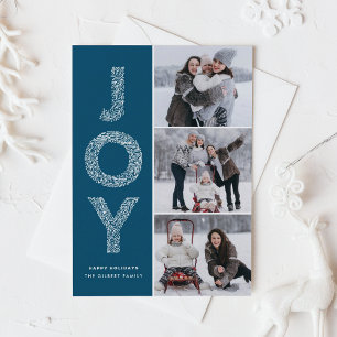 Cartes Pour Fêtes Annuelles JOY Foliage Lettering Blue Photo Collage
