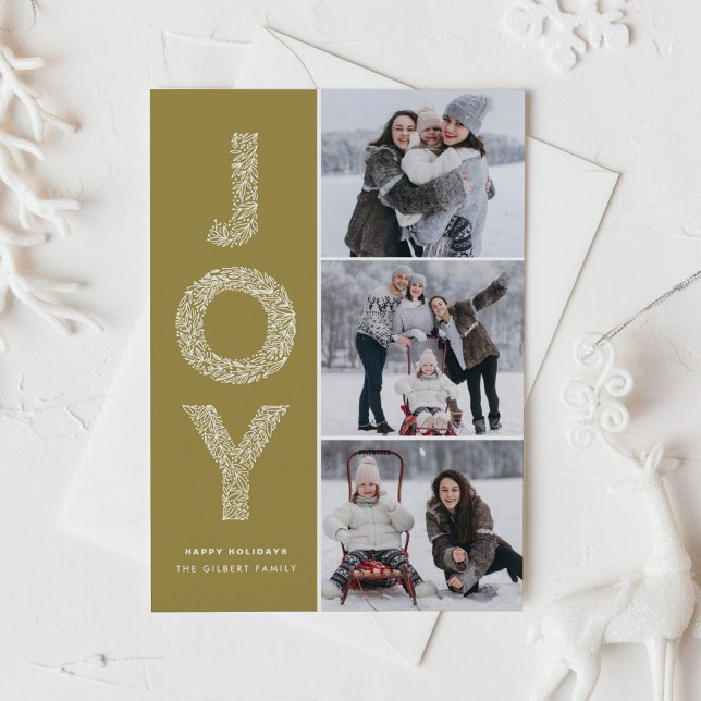 Cartes Pour Fêtes Annuelles JOY Foliage Lettering Gold Photo Collage (Créateur téléchargé)
