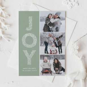Cartes Pour Fêtes Annuelles JOY Foliage Lettering Sage Green Photo Collage