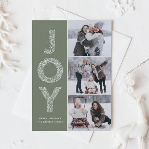 Cartes Pour Fêtes Annuelles JOY Foliage Lettering Taupe Green Photo Collage