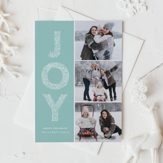 Cartes Pour Fêtes Annuelles JOY Foliage Lettrage bleu clair Collage photo (Créateur téléchargé)