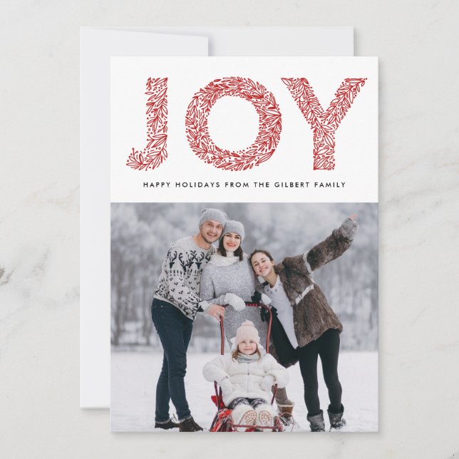 Cartes Pour Fêtes Annuelles JOY Foliage Typographie Rouge Noël Photo (Devant)