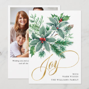 Cartes Pour Fêtes Annuelles JOY Holly Berry Branch Christmas Grey PHOTO