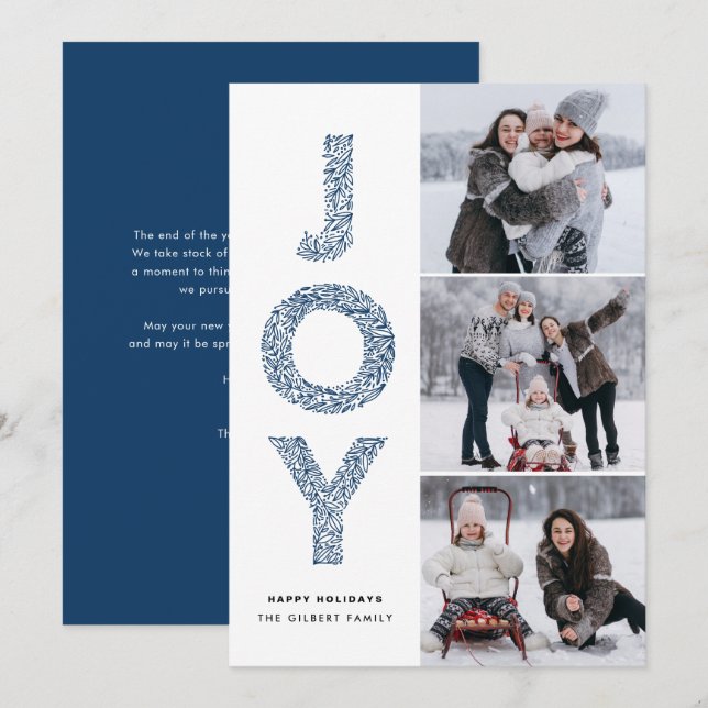 Cartes Pour Fêtes Annuelles JOY Lettering Blue Christmas Photo Collage (Devant / Derrière)