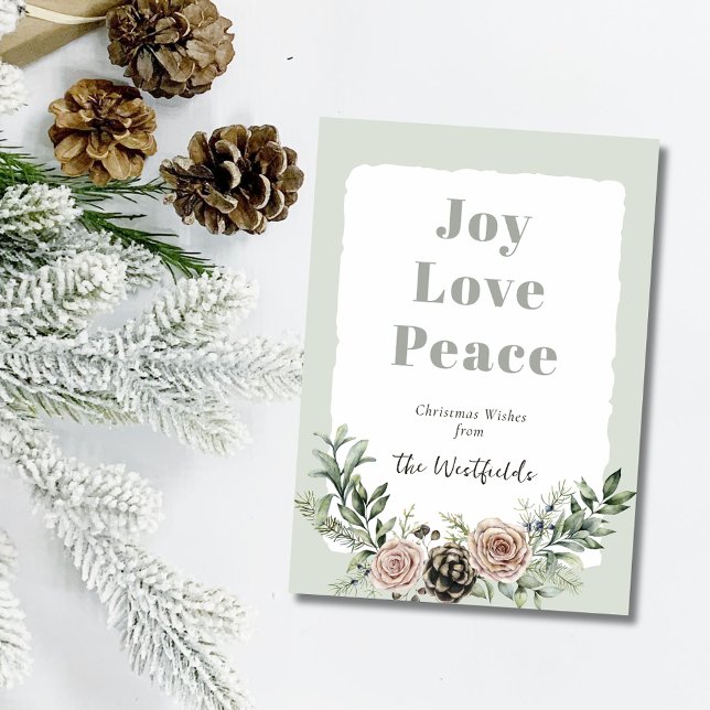 Cartes Pour Fêtes Annuelles Joy Love Peace Christmas Roses Pine Cone (Joy Love Peace Christmas Roses Pine Cone Holiday Card)