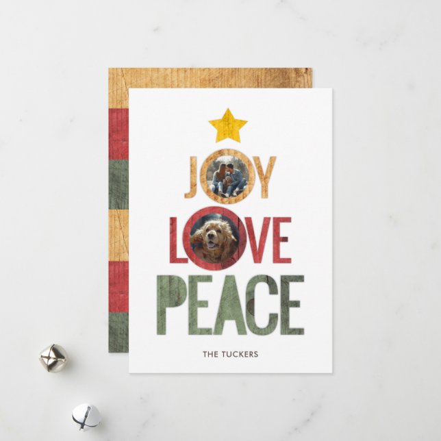 Cartes Pour Fêtes Annuelles Joy Love Peace Rustic Photo Arbre de Noël (Devant/Arrière en situation)