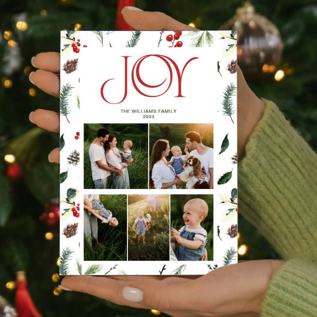Cartes Pour Fêtes Annuelles Joy moderne Red Berry Botanique 5 Photo Noël (Spread some cheer and share your favorite moments with this one-of-a-kind holiday card. )